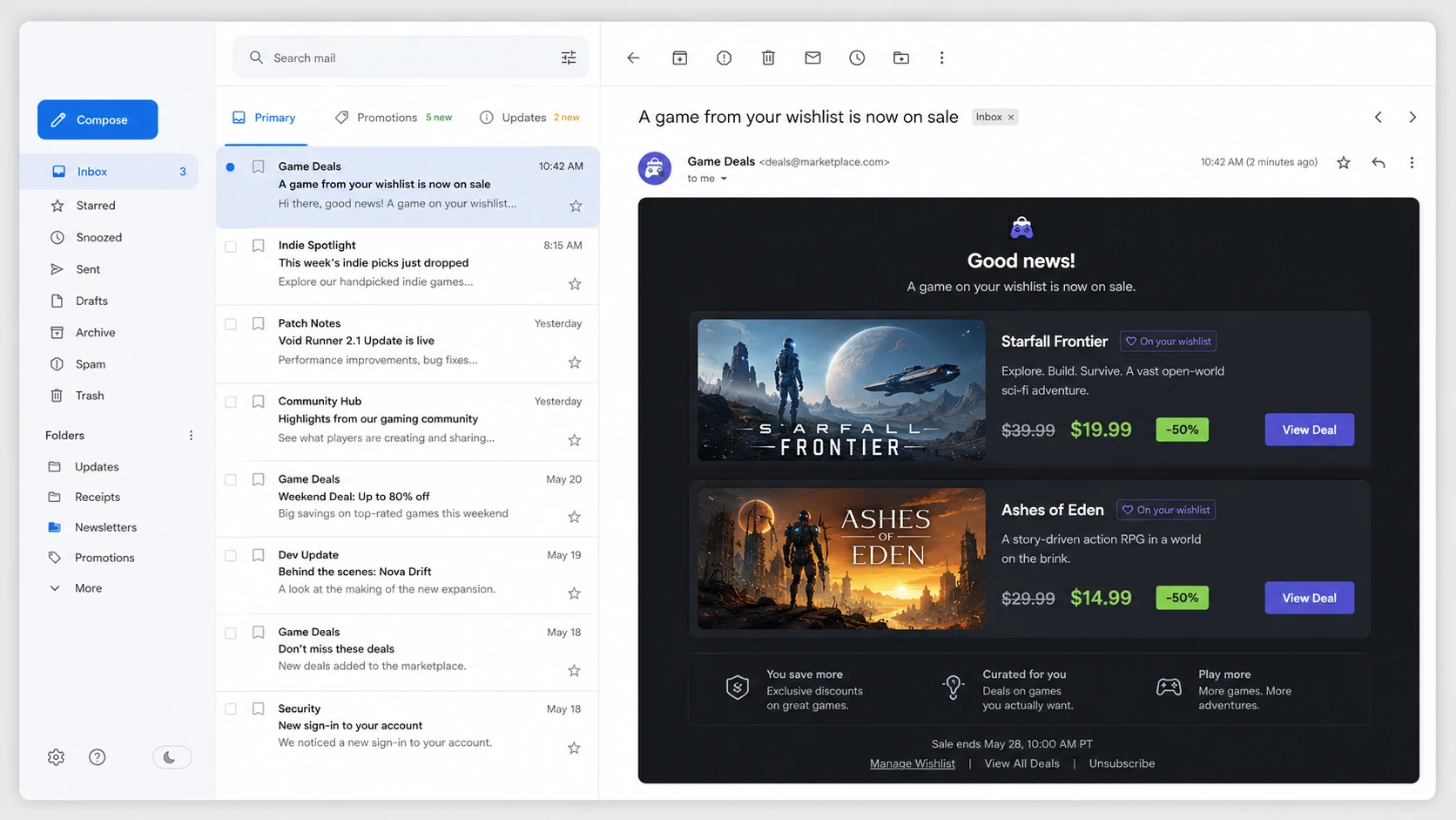 Wishlist reminder email showing a saved game that is now on sale