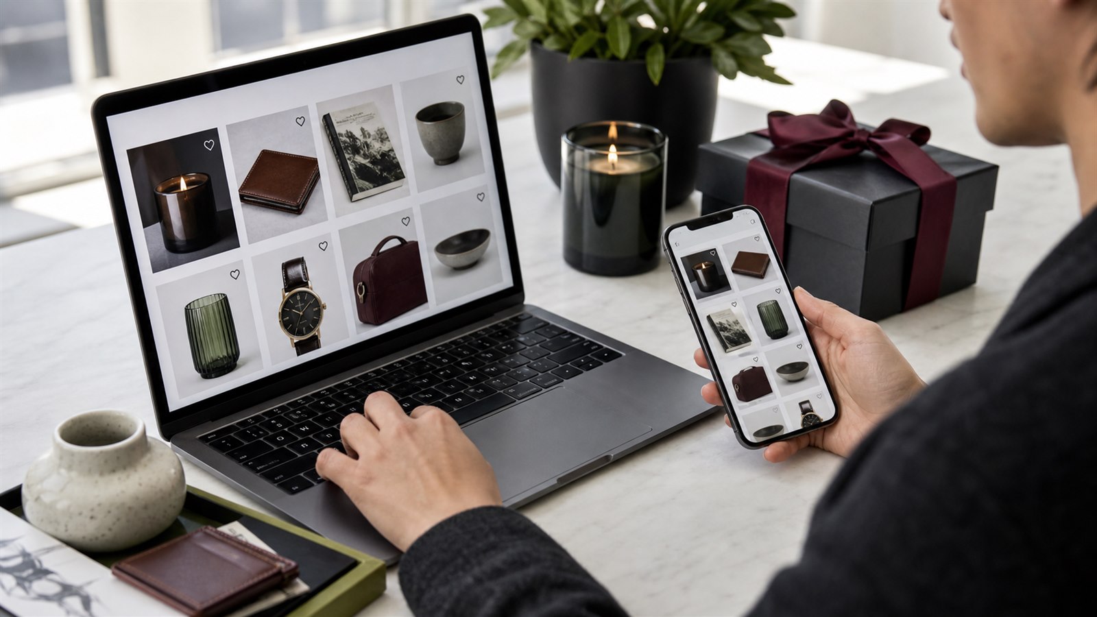 Gift shopper comparing products and saving gift ideas online