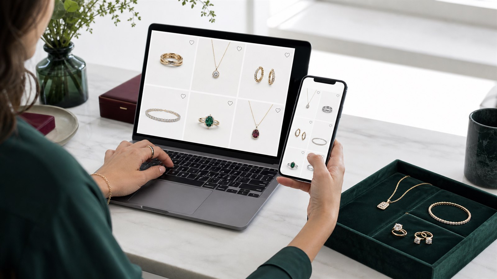 Shopper comparing jewelry online while keeping selected pieces nearby