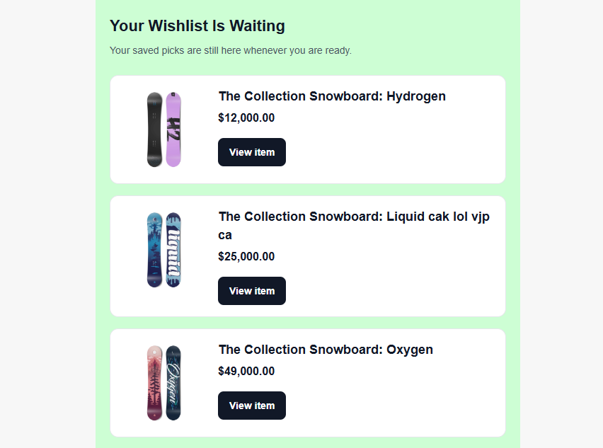 Preview of a Klaviyo wishlist reminder email product block created with TValue