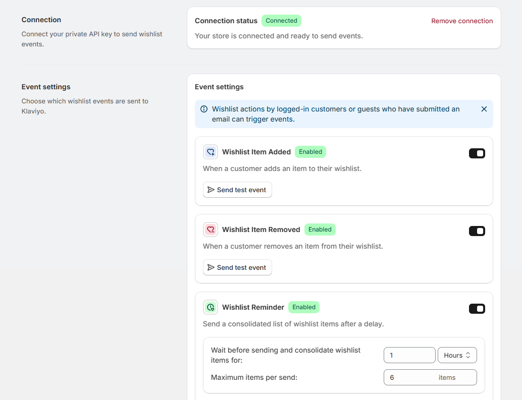TValue Klaviyo integration showing a connected account and enabled wishlist event settings