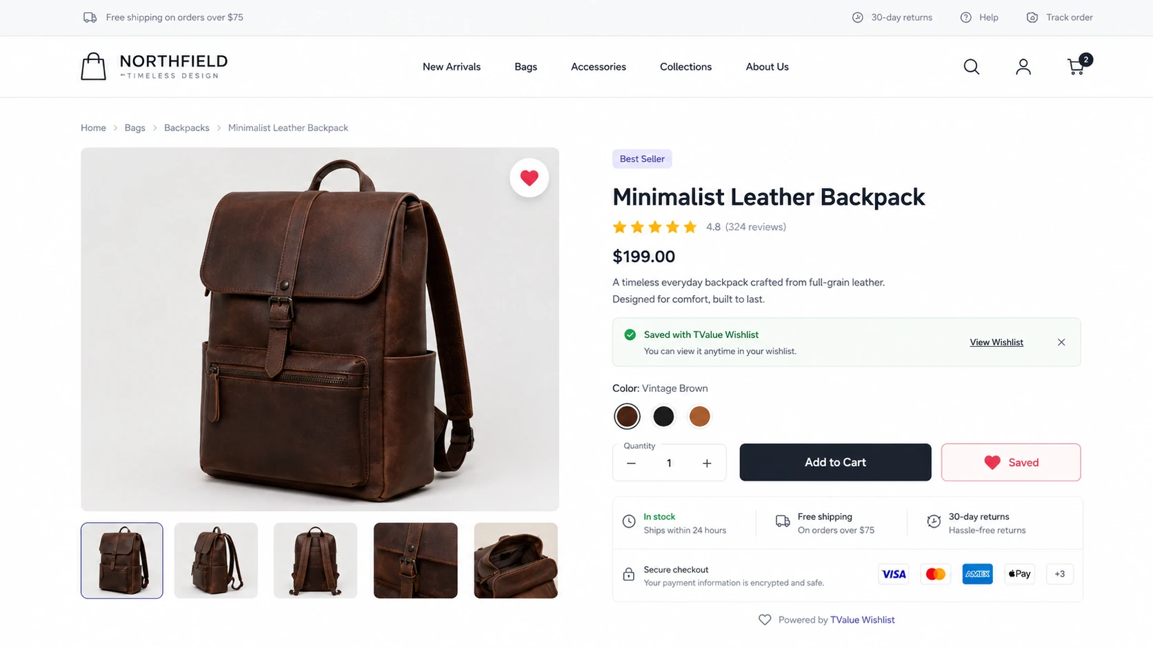 TValue Wishlist button on a Shopify product page