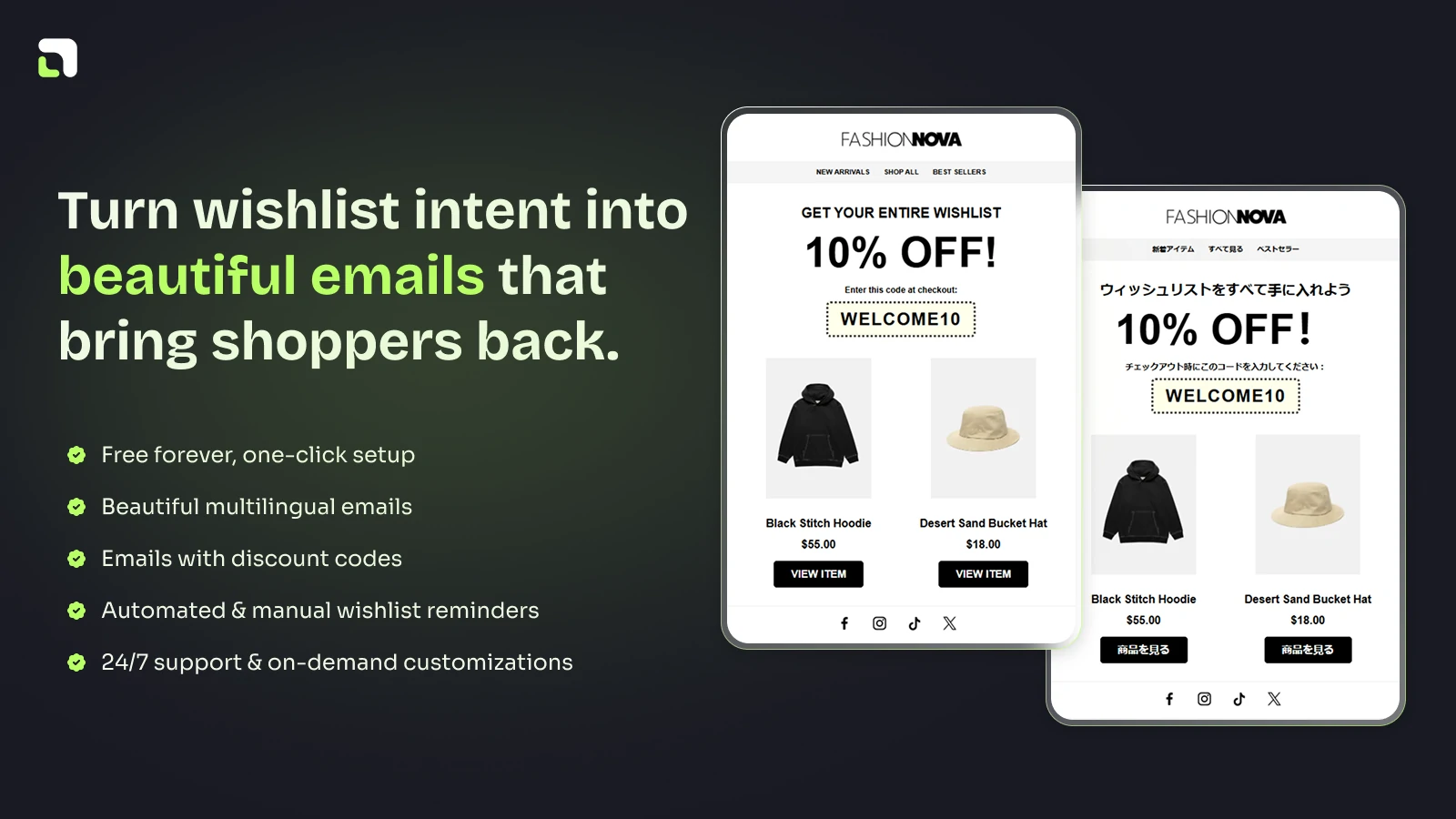 True Value Wishlist Email showing wishlist email automation, storefront wishlist widgets, and wishlist analytics for Shopify stores