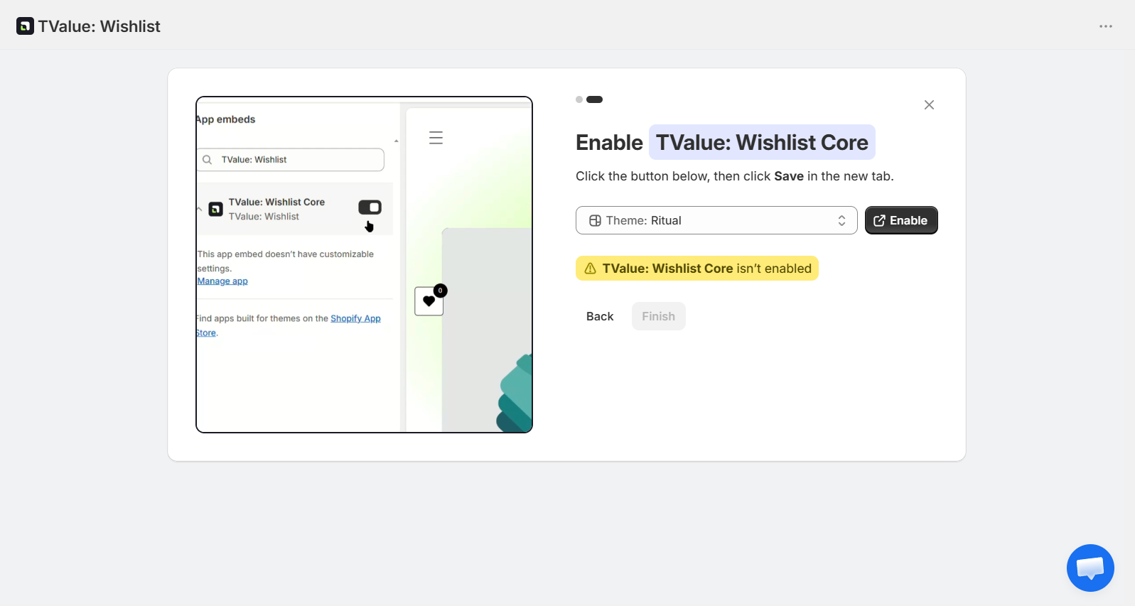 TValue Wishlist onboarding showing that the core app embed still needs to be enabled