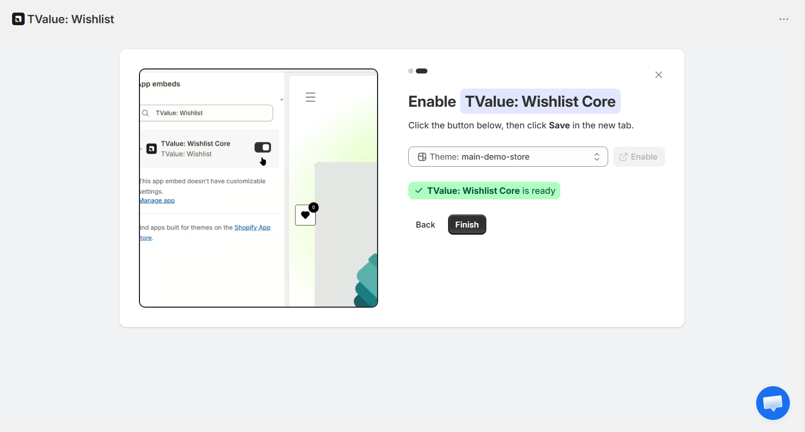 TValue Wishlist onboarding confirming that the core app embed is ready